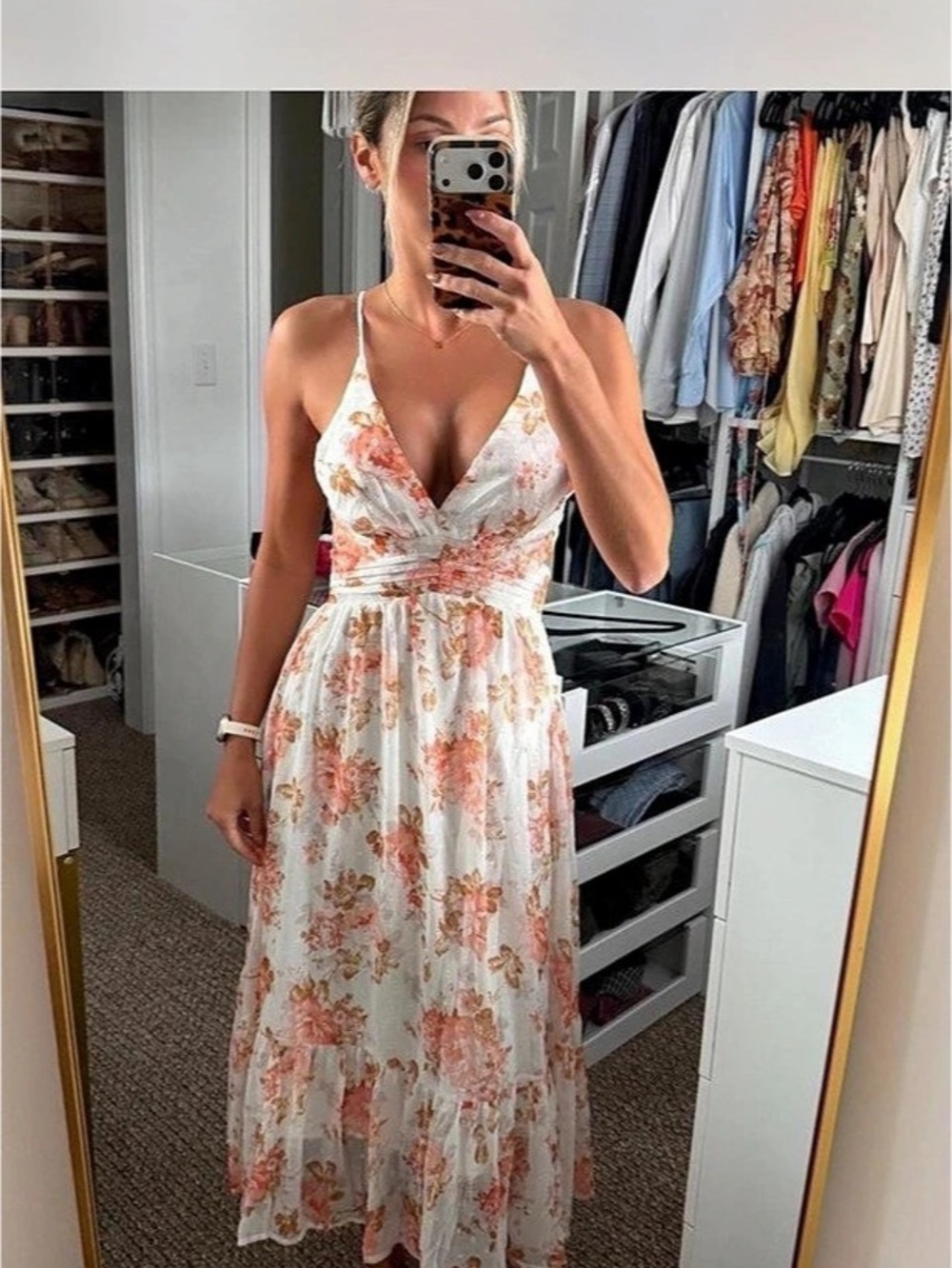 Hello Molly Floral Open Back Maxi Dress in White & Pink Size XS Like New